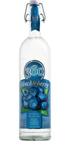 360 Huckleberry Flavored Vodka 1L bottle with blueberry imagery and distinct tart taste.