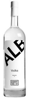 Albany Company Alb Vodka 1 L bottle, crafted from American corn, distilled six times, featuring a clean and crisp flavor.