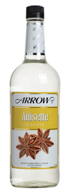 Arrow Anisette Liqueur 1L bottle with clear, colorless liquid and aniseed flavor, packaged attractively with star anise graphics.