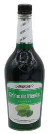 Arrow Creme De Menthe Green Liqueur 1 L bottle with teardrop shape and peppermint design.