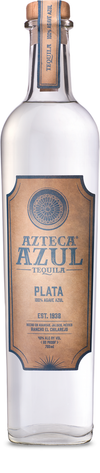 Azteca Azul Plata Tequila 750 ML bottle with brown label and blue lettering.