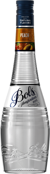 Bols Peach Schnapps Liqueur bottle with peach flavor label and clear glass design