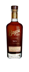 Bayou Rum XO Mardi Gras Rum bottle with mahogany hue and gold label.