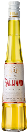 Galliano Lautentico Liqueur tall golden bottle with Italian herbal vanilla blend.