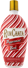 Rumchata Peppermint Bark cream liqueur bottle with red and white peppermint stripes and gold cap, 750ml.