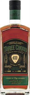 Bottle of Three Chord Amplify Blended Rye Whiskey 750 ML with amber liquid and detailed label