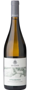 Benanti Etna Bianco wine bottle with pale yellow liquid.