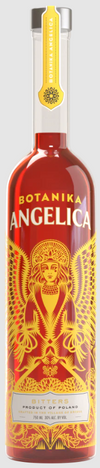 Botanika Angelica Bitters 750 ML bottle with vibrant yellow design on a red label.