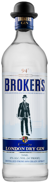 Brokers Genuine London Dry Gin 1 L bottle with bowler-hatted gentleman logo.