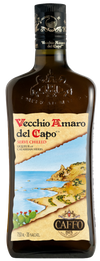 Caffo Vecchio Amaro Del Capo Liqueur 750 ML bottle with label showing coastal landscape.