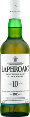Laphroaig Single Malt Scotch 10 Year bottle with label details and rich gold color.