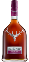 Dalmore 14 Years Aged Highland Single Malt Scotch Whiskey bottle with iconic stag antlers.