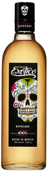 Exotico Tequila Reposado 750ml bottle with vibrant skull label design.