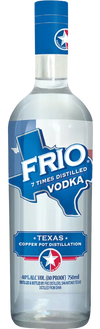 Frio Texas Vodka 1L bottle with blue label showing Texas outline and 7 times distilled text