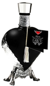 Grand Love Tequila Reposado Black Heart 750ml in black heart-shaped ceramic bottle on silver stand