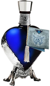 Grand Love TequilaBlanco Blue Heart 750ML bottle with blue glass and silver detail.