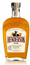 Henderson Peach Flavored Whiskey 750 ML bottle with label showing peach illustrations and brand name.