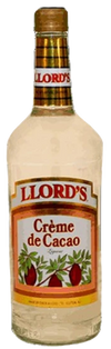 Llords Creme De Cacao White Liqueur 1 L bottle with cocoa bean design.