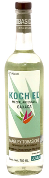 Mezcal Koch Mezcal Tobasiche 750 ML bottle with label featuring agave imagery, made by Adrian Bautista in Oaxaca.