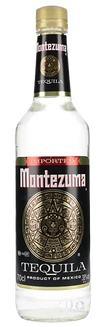 Montezuma White Tequila 1 L bottle with clear liquid, highlighting blue agave origins.