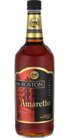 Mr. Boston Amaretto 1 L bottle with almond-flavored liqueur and amber color