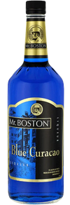 Mr. Boston Blue Curaçao 1 L bottle with vibrant blue color and citrus flavor.