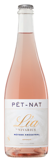 Bottle of Nivarius Lia Pet-Nat Rosé, a sparkling rosé wine from Rioja, Spain, with a pale salmon hue and elegant label, ideal for pairing with seafood.