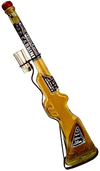 Old Carbine 100% Agave Tequila Reposado bottle shaped like a rifle with a metal stand and shot glasses.