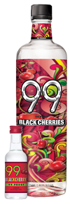 99 Brand Black Cherries Liqueur 750ML bottle with colorful cherry design, high-proof fruity liqueur.