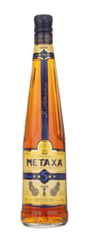 Metaxa 5 Stars Brandy 750 ML bottle with golden amber hue and blue label.