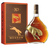 Meukow Cognac XO 750 ML bottle with panther carafe next to its box.