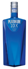 Platinum 10X Vodka 1-liter bottle, blue design, distilled 10 times for smoothness.