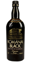 Romana Black Sambuca 750 ML bottle with deep black liqueur and Italian label.