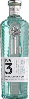No 3 London Dry Gin 750 ML bottle with turquoise hue and embossed key design.