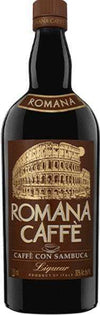 Romana Sambuca Caffe 750 ML bottle with anise and elderberry flavors.