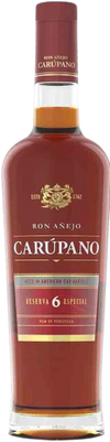 Ron Anejo Carupano Reserva 6 Especial Rum bottle, 750 ml, golden yellow hue.