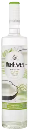 Rumhaven Caribbean Rum With Coconut Liqueur 750 ML bottle with coconut imagery and tropical design.