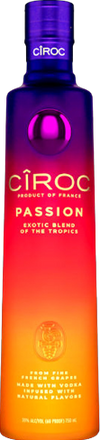 Ciroc Tropical Flavored Vodka Passion bottle featuring exotic tropical blend with pineapple, citrus, mango, and hibiscus.