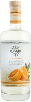 21 Seeds Valencia Orange Infused Blanco Tequila 750ml bottle with orange slice illustration.