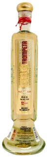 Tequila Trompeta Reposado 750ml bottle with golden tequila inside and traditional Mexican design