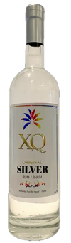 XQ Silver Rum 750 ML bottle with a clear label detailing its smooth, light rum distilled from sugarcane molasses in Florida.