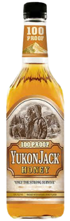Yukon Jack Honey Whiskey 1 L bottle with label featuring Jack McQuesten, Canadian whiskey with honey flavor.
